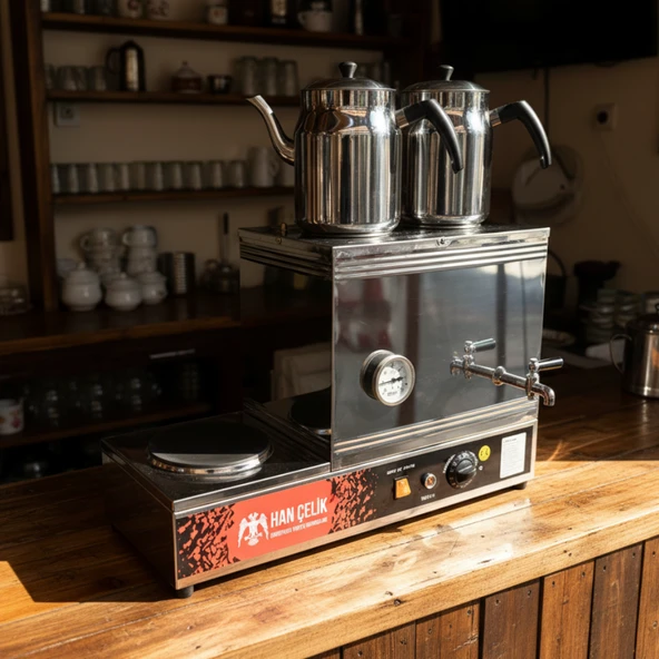 Han Çelik Çift Demlikli Pleytli Endüstriyel Elektrikli Çay Kazanı - Sıcaklık Göstergeli - Demlik Hediyeli - Resim 3