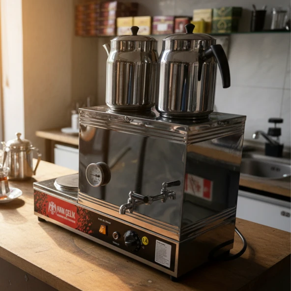 Han Çelik Çift Demlikli Pleytli Endüstriyel Elektrikli Çay Kazanı - Sıcaklık Göstergeli - Demlik Hediyeli - Resim 4