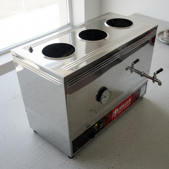 Han Çelik Üç Demlikli Endüstriyel Elektrikli Çay Kazanı - Sıcaklık Göstergeli - Resim 2