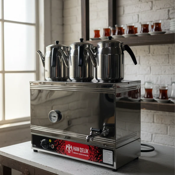 Han Çelik Üç Demlikli Endüstriyel Elektrikli Çay Kazanı - Sıcaklık Göstergeli - Demlik Hediyeli ürün görseli 1