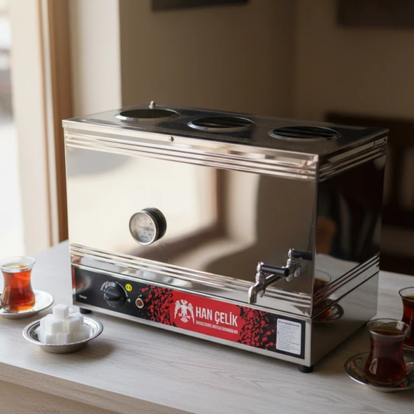 Han Çelik Üç Demlikli Endüstriyel Elektrikli Çay Kazanı - Sıcaklık Göstergeli - Resim 3