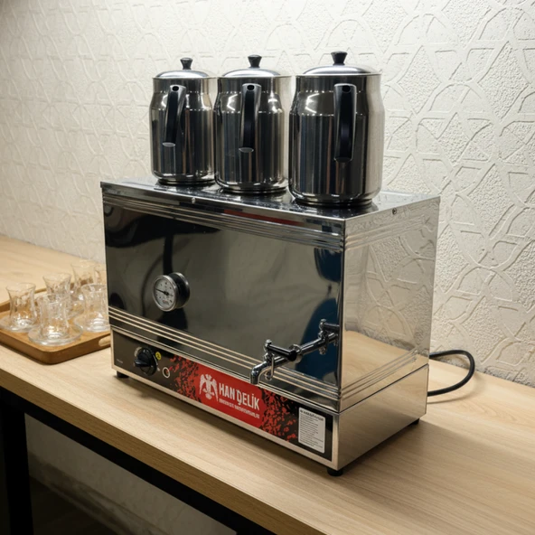 Han Çelik Üç Demlikli Endüstriyel Elektrikli Çay Kazanı - Sıcaklık Göstergeli - Demlik Hediyeli - Resim 2