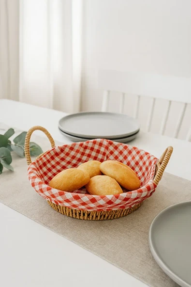 Yuvarlak Hasır Ekmek Sepeti Kırmızı Beyaz Kareli Kumaşlı Kahvaltı ve Sunum Sepeti - Resim 3