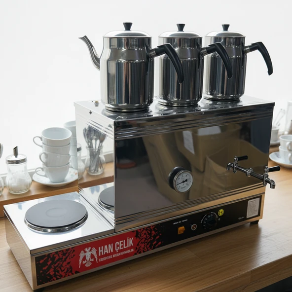 Han Çelik Üç Demlikli Pleytli Endüstriyel Elektrikli Çay Kazanı - Sıcaklık Göstergeli - Demlik Hediyeli - Resim 4