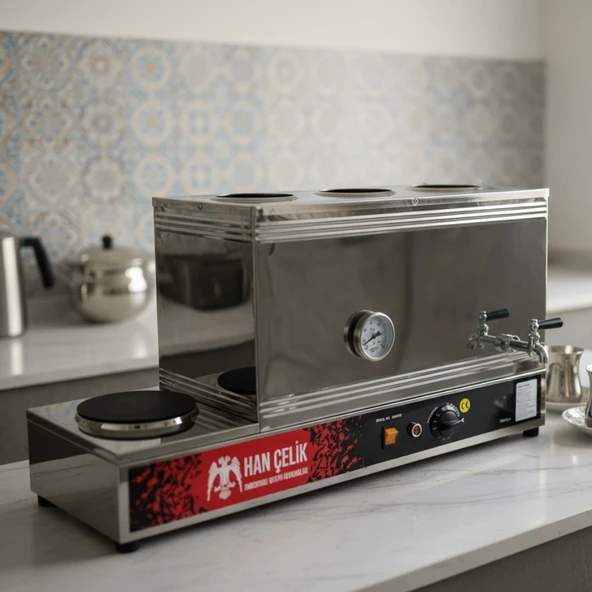 Han Çelik Üç Demlikli Pleytli Endüstriyel Elektrikli Çay Kazanı - Sıcaklık Göstergeli ürün görseli 1