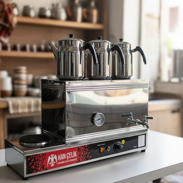 Han Çelik Üç Demlikli Pleytli Endüstriyel Elektrikli Çay Kazanı - Sıcaklık Göstergeli - Demlik Hediyeli ürün görseli 1