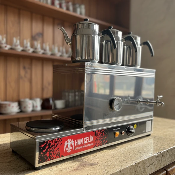 Han Çelik Üç Demlikli Pleytli Endüstriyel Elektrikli Çay Kazanı - Sıcaklık Göstergeli - Demlik Hediyeli - Resim 3