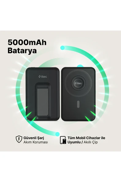 Ttec ReCharger M 5.000mAh MagSafe Uyumlu PD 20W Stantlı Kablosuz Taşınabilir Hızlı Şarj Aleti 2BB239 - Resim 2