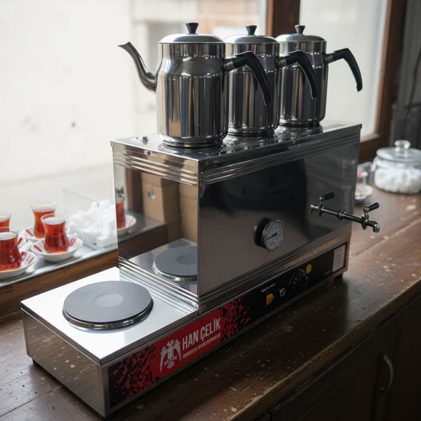 Han Çelik Üç Demlikli Pleytli Endüstriyel Elektrikli Çay Kazanı - Sıcaklık Göstergeli - Demlik Hediyeli - Resim 2