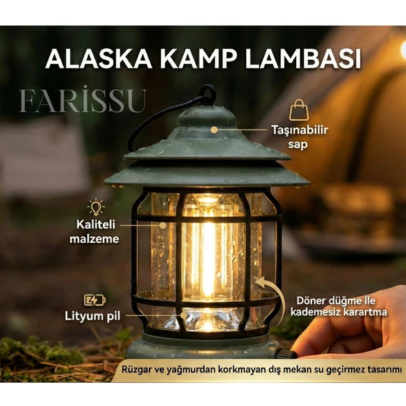 Alaska Retro Şarjlı Kamp Lambası - IPX4 Su Geçirmez, Dimmer Ayarlı, 1200mAh LED Fener - Resim 3