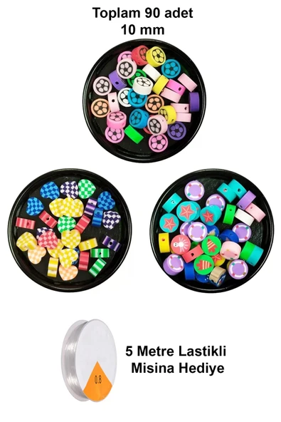 LitaeTrend 90 Adet 10 mm Polimer Kil Fimo Boncuk Takı Bileklik + 5 Metre Misina Hediye - Kalp - Deniz - Çiçek ürün görseli 1