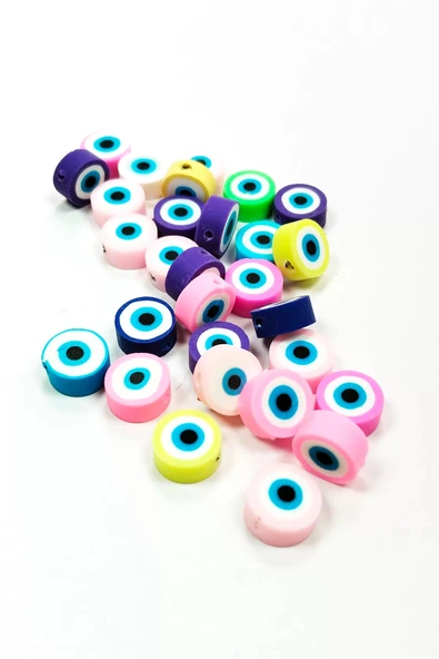LitaeTrend 90 Adet 10 mm Polimer Kil Fimo Boncuk Takı Bileklik + 5 Metre Lastikli Misina Hediye - Nazar Boncuğu - Resim 2