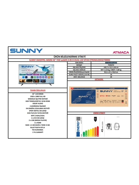 Sunny SN43FPRL Full HD 43'' 109 Ekran Uydu Alıcılı webOS Smart LED TV - Resim 5