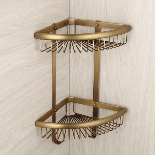 Antika Pirinç Görünümlü Köşe Banyo Rafı - Resim 2