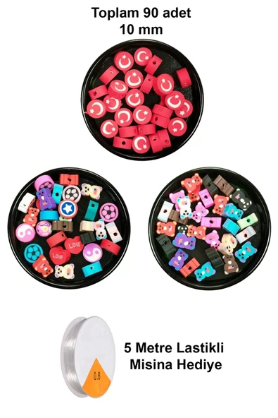 LitaeTrend 90 Adet 10 mm Polimer Kil Fimo Boncuk Takı Bileklik + 5 Metre Misina Hediye - Karışık - Bayrak - Ayıcık ürün görseli 1