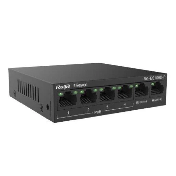 Ruijie Reyee RG-ES106D-P 6 Port 10/100 Fast Ethernet Switch 2 Uplink 4 POE+(58W) ürün görseli 1