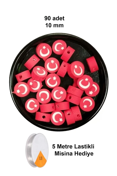LitaeTrend 90 Adet 10 mm Polimer Kil Fimo Boncuk Takı Bileklik + 5 Metre Lastikli Misina Hediye - Türk Bayrağı ürün görseli 1