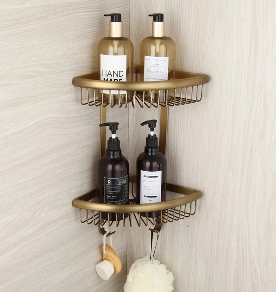 Antika Pirinç Görünümlü Köşe Banyo Rafı - Resim 3