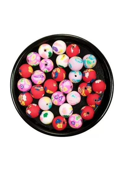 LitaeTrend 30 Adet 10 mm Polimer Kil Fimo Boncuk Takı Bileklik + 1 Metre Lastikli Misina Hediye - Desenli Yuvarlak - Resim 3