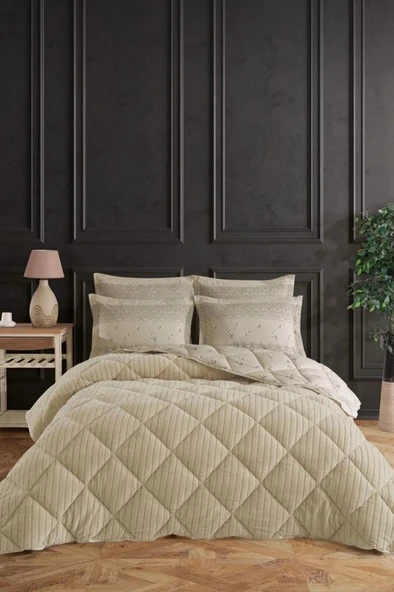 Wellsoft Jakarlı Uyku Seti 4 Parça Çift Kişilik Bej ürün görseli 1