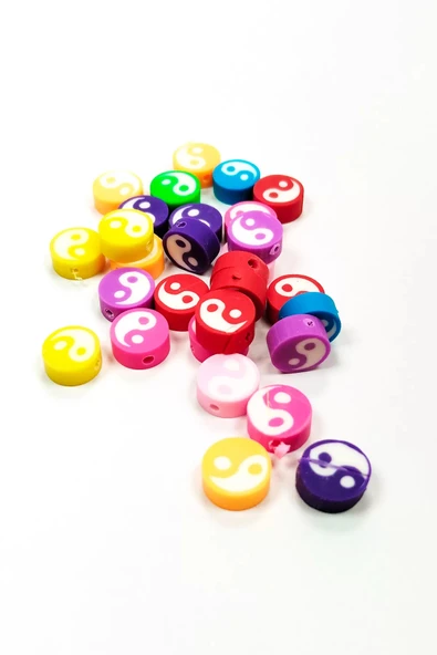 LitaeTrend 30 Adet 10 mm Polimer Kil Fimo Boncuk Takı Bileklik + 1 Metre Lastikli Misina Hediye - Renkli Yin Yang - Resim 2