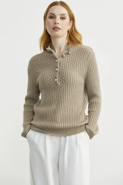 Önü Düğmeli Dik Yaka Triko Kazak - Kamel ürün görseli 1