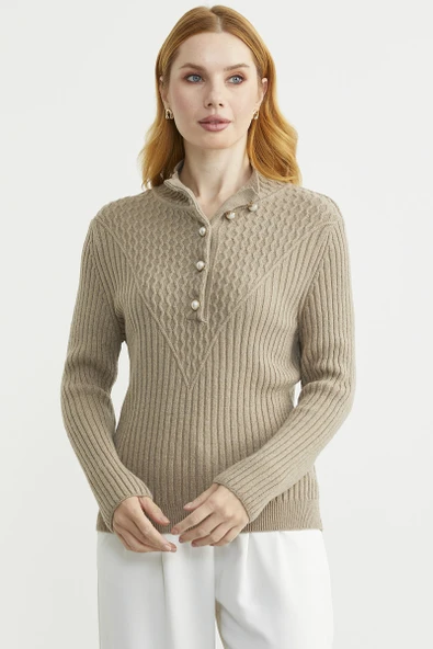 Önü Düğmeli Dik Yaka Triko Kazak - Kamel - Resim 2