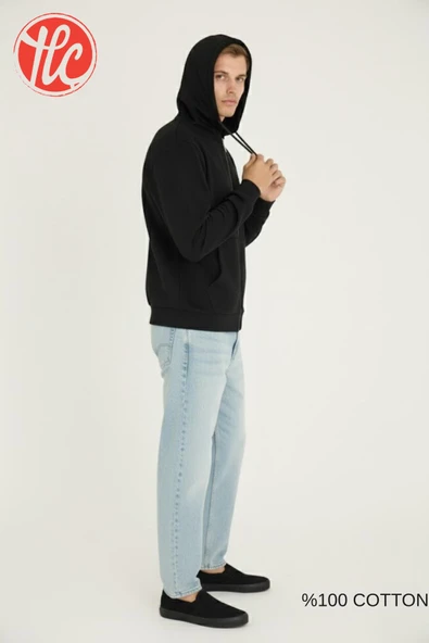 Kly Unisex Relax Fit Rahat Kesim %100 Pamuklu İçi Şardonsuz Çift Cepli Fermuarlı Kapüşonlu Sweatshirt - Resim 4