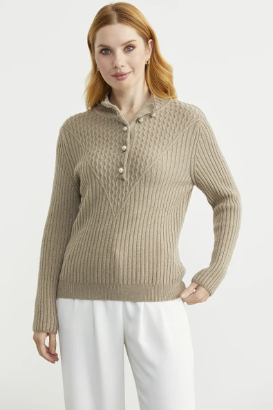 Önü Düğmeli Dik Yaka Triko Kazak - Kamel - Resim 4