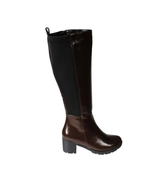 YAZKIŞ Kadın Siyah kahverengi Rugan Arkası Lastlikli 6cm Kalın Topuklu Çizme - Resim 2