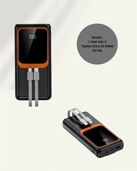 CEYLAN ADAM 20.000 mAh Powerbank – 22.5W Hızlı Şarj, Çok Kablolu, Dijital Göstergeli - Resim 5