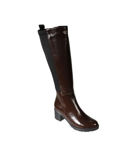 YAZKIŞ Kadın Siyah kahverengi Rugan Arkası Lastlikli 6cm Kalın Topuklu Çizme - Resim 6