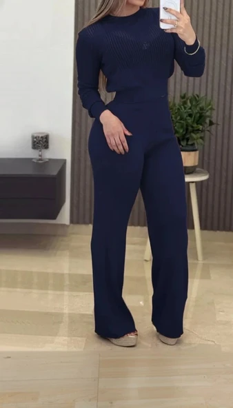 MDB Kadın Uzun Kollu Yuvarlak Yaka Transparan Detaylı Triko Bluz Ve Pantolon Ikili Takım ürün görseli 1