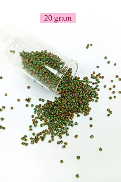 LitaeTrend Dökme Cam Kum Boncuk (11/0) 2 mm - 20 Gram -  Yeşil Sarı Çizgili - BNC006 ürün görseli 1