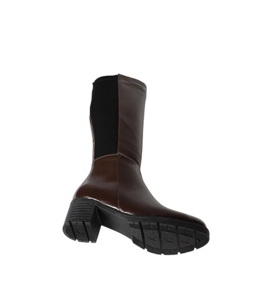 YAZKIŞ Kadın Siyah kahverengi Rugan Arkası Lastlikli 6cm Kalın Topuklu Çizme - Resim 4