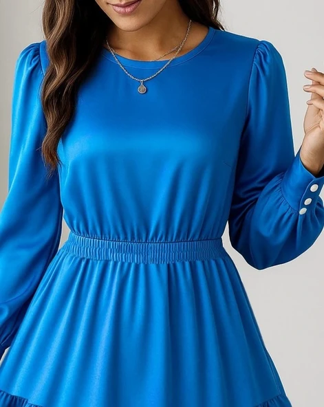 MDB Kadın Uzun Kollu Bisiklet Yaka Beli Lastikli Fırfırlı Ithal Krep Elbise - Resim 2