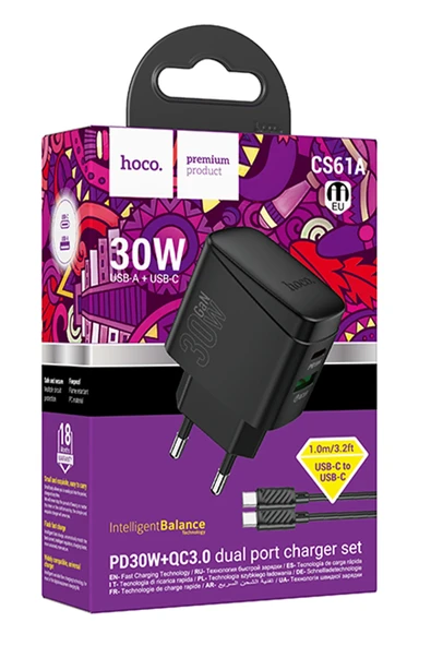 Hoco. CS61A Bright 30W 1 Adet Type-C ve 1 Adet USB 3.0 QC Çıkışlı Ekstra Type-C to Type-C Kablolu PD Hızlı Şarj Aleti - Siyah - Resim 7