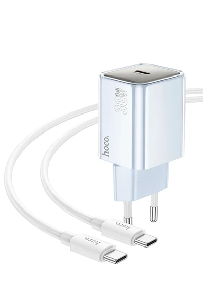 Hoco. N47 Glorious Type-C Çıkışlı Ekstra Type-C to Type-C Kablolu 30W PD Hızlı Şarj Aleti - Mavi - Resim 2