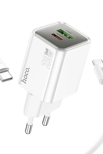 Hoco. N46 Glorious 1 Adet Type-C ve 1 Adet USB Çıkışlı Ekstra Type-C to Type-C Kablolu 20W PD Hızlı Şarj Aleti - Beyaz - Resim 5