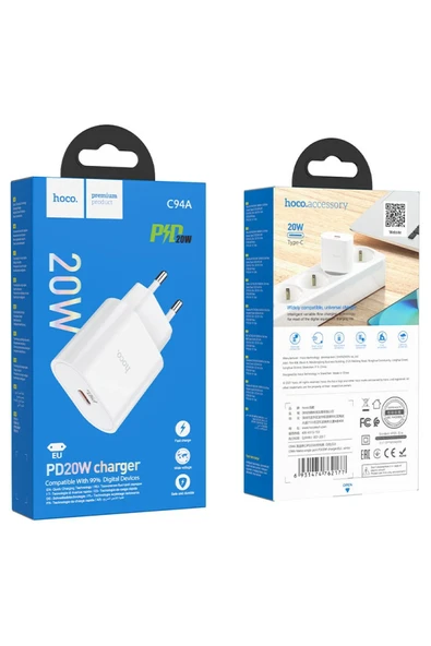 Hoco. C94A Metro 20W Type-C Çıkışlı PD Hızlı Şarj Aleti - Beyaz - Resim 10