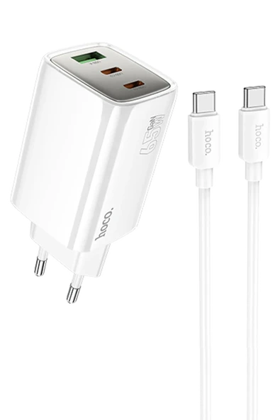 Hoco. N49 Glorious 2 Adet Type-C ve 1 Adet USB Çıkışlı Ekstra Type-C to Type-C Kablolu 65W PD Hızlı Şarj Aleti - Beyaz - Resim 6