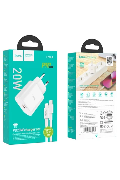 Hoco. C94A Metro 20W Type-C Çıkışlı Ekstra Type-C to Lightning Kablolu PD Hızlı Şarj Aleti - Beyaz - Resim 7