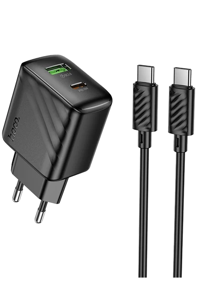 Hoco. CS25A Rico 20W 1 Adet Type-C ve 1 Adet USB 3.0 QC Çıkışlı Ekstra Type-C to Type-C Kablolu PD Hızlı Şarj Aleti - Siyah - Resim 7
