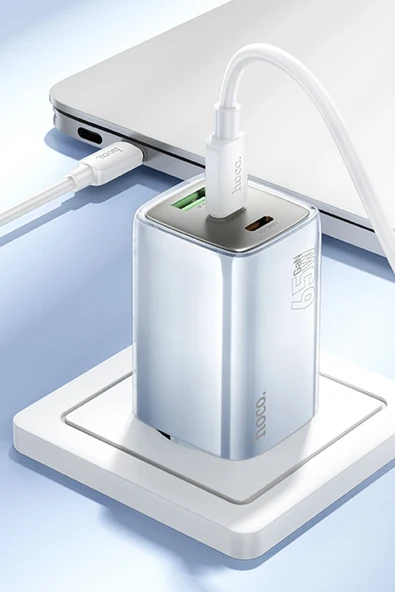 Hoco. N49 Glorious 2 Adet Type-C ve 1 Adet USB Çıkışlı Ekstra Type-C to Type-C Kablolu 65W PD Hızlı Şarj Aleti - Mavi - Resim 6