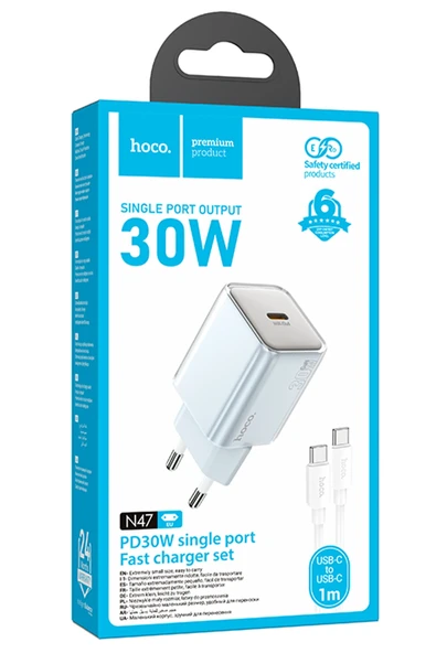 Hoco. N47 Glorious Type-C Çıkışlı Ekstra Type-C to Type-C Kablolu 30W PD Hızlı Şarj Aleti - Mavi - Resim 12