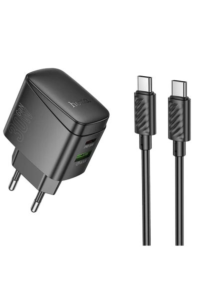 Hoco. CS61A Bright 30W 1 Adet Type-C ve 1 Adet USB 3.0 QC Çıkışlı Ekstra Type-C to Type-C Kablolu PD Hızlı Şarj Aleti - Siyah ürün görseli 1