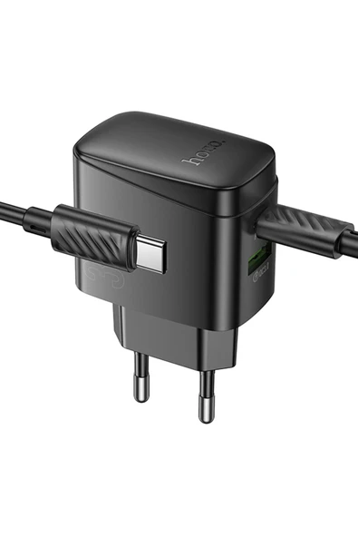 Hoco. CS61A Bright 30W 1 Adet Type-C ve 1 Adet USB 3.0 QC Çıkışlı Ekstra Type-C to Type-C Kablolu PD Hızlı Şarj Aleti - Siyah - Resim 3
