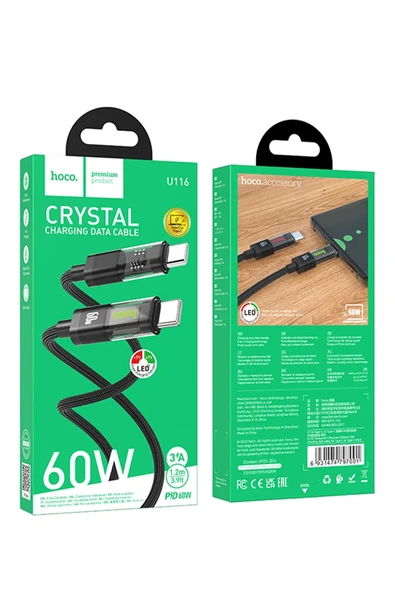 Hoco. U116 1.2M 60W Type-C to Type-C Şarj Data Kablosu - Siyah - Resim 7