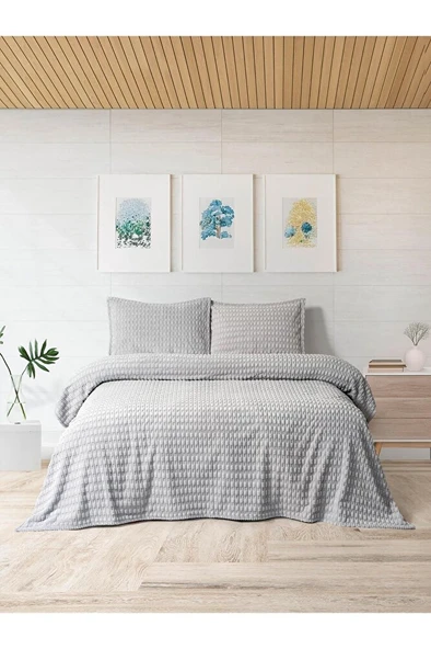 Modern Twist 3 Parça Çift Kişilik Battaniye Seti Kutulu 220x240 Açık Gri ürün görseli 1