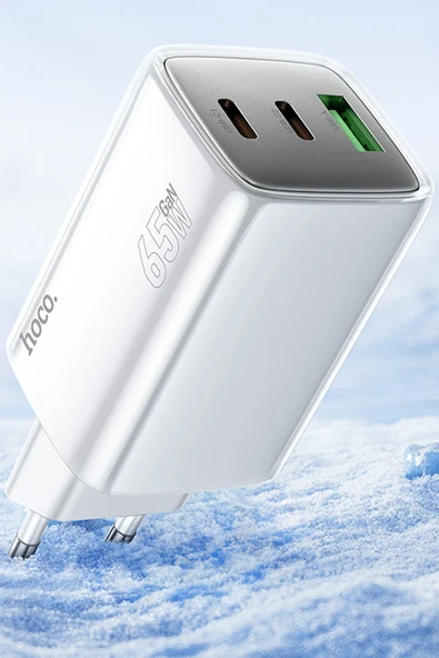 Hoco. N49 Glorious 2 Adet Type-C ve 1 Adet USB Çıkışlı Ekstra Type-C to Type-C Kablolu 65W PD Hızlı Şarj Aleti - Beyaz - Resim 4